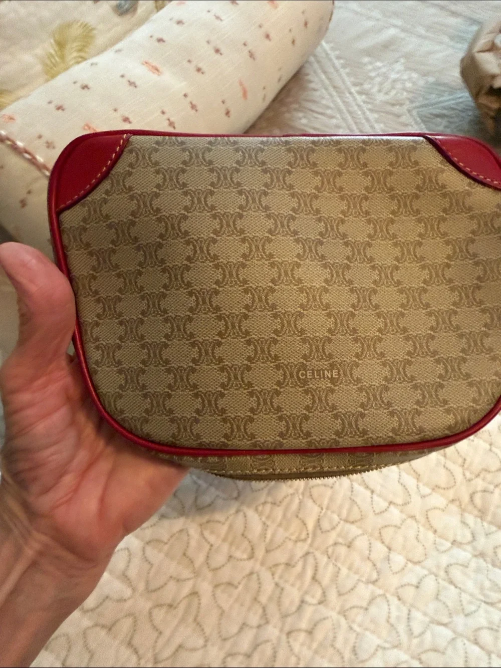 Celine Beige Monogram Cosmetic Case with Red Trim